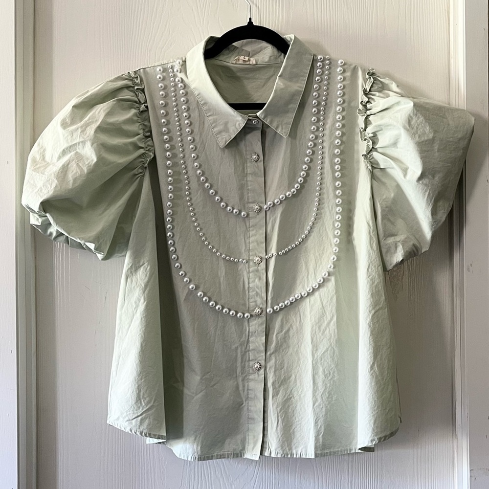 POL Mint Poplin Pearl Puff Short Sleeve Button Down Blouse - Picture 3 of 10